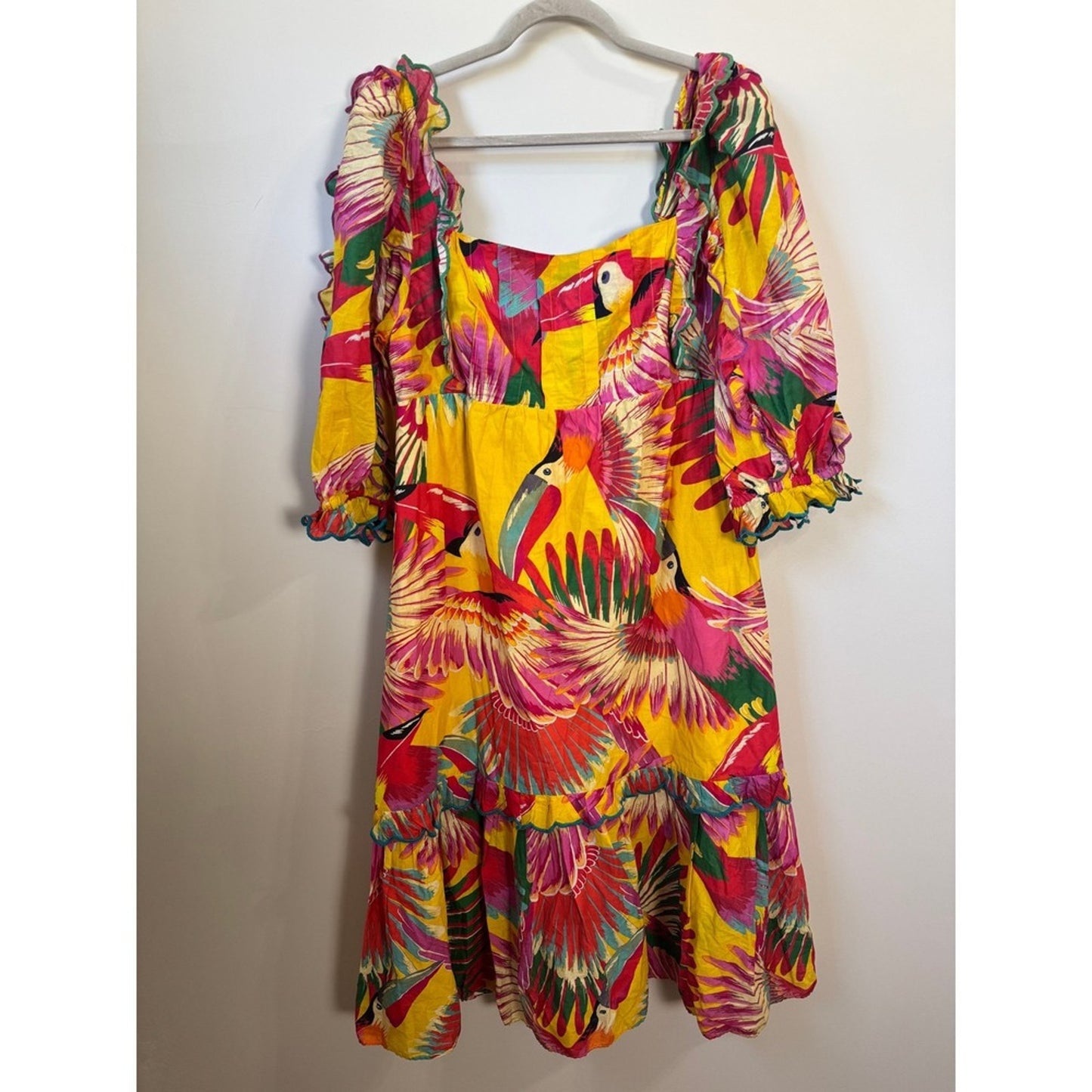 Farm Rio Yellow Tropical Toucan Print Puff Sleeve Ruffle Midi Dress Size L