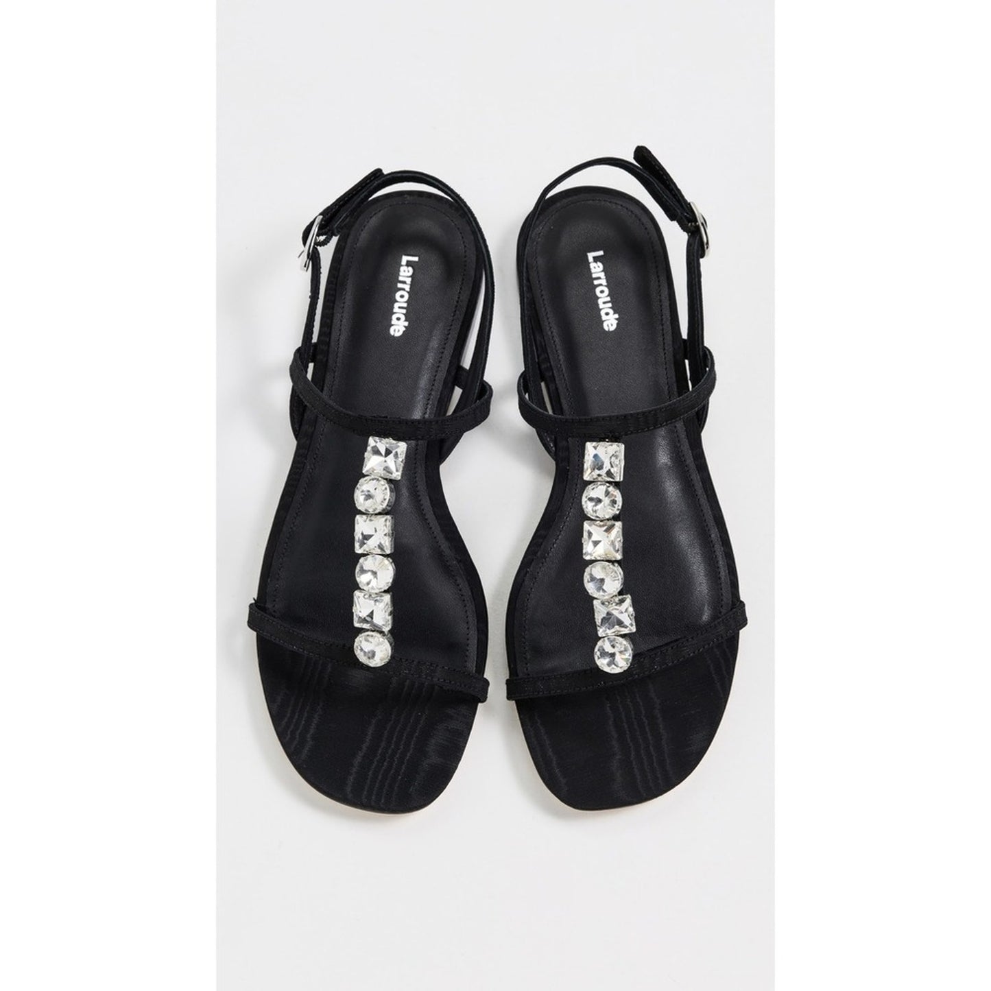 Larroude Black Satin Crystal Embellished T-Strap Flat Sandals Slingback New