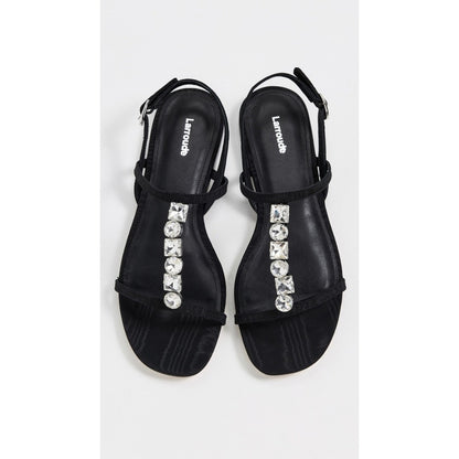 Larroude Black Satin Crystal Embellished T-Strap Flat Sandals Slingback New