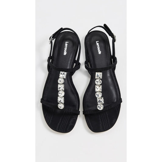 Larroude Black Satin Crystal Embellished T-Strap Flat Sandals Slingback New
