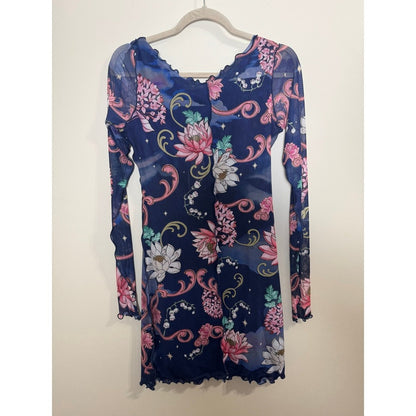 Agua Bendita Hadley Fairytales Mesh Mini Dress Navy Floral Long Sleeve L