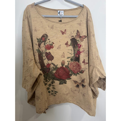Jaded Gypsy Boho Oversized Butterfly Floral Horseshoe Slub Knit Top Tan OS