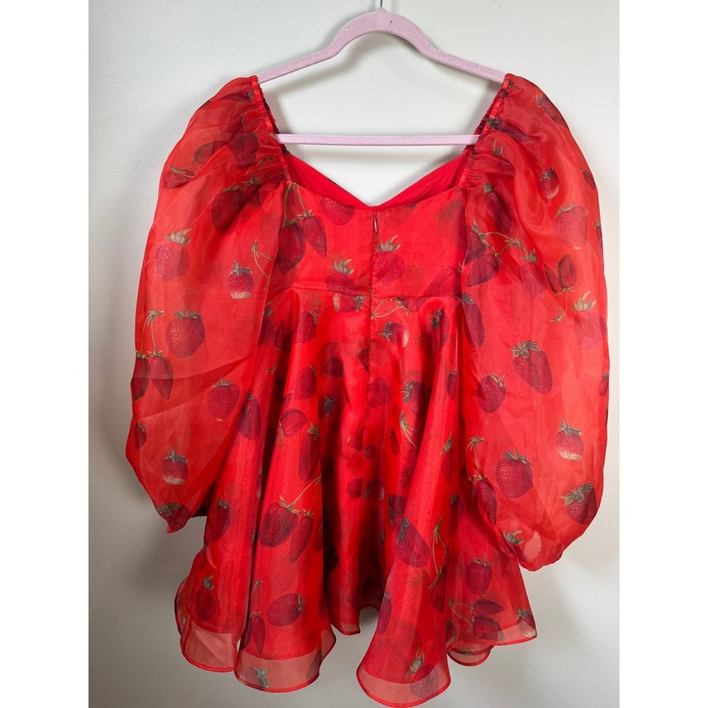 Selkie Red Strawberry Ritz Dress Womens Small Puff Sleeve Organza Mini Skater