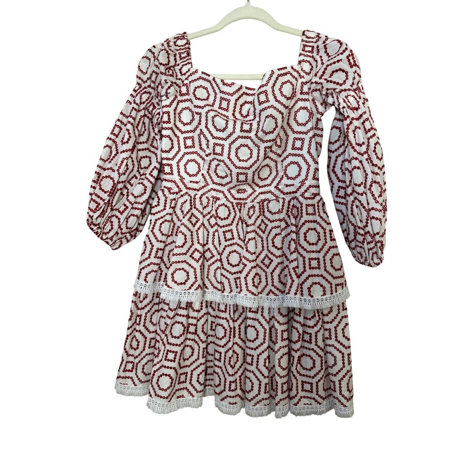 ALEXIS White Red Geometric Embroidered Tiered Square Neck Mini Dress M