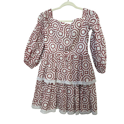 ALEXIS White Red Geometric Embroidered Tiered Square Neck Mini Dress M
