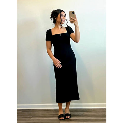 ALC Elvie Midi Dress in Black Size 6 Short Sleeve Square Neck Lined Gothic