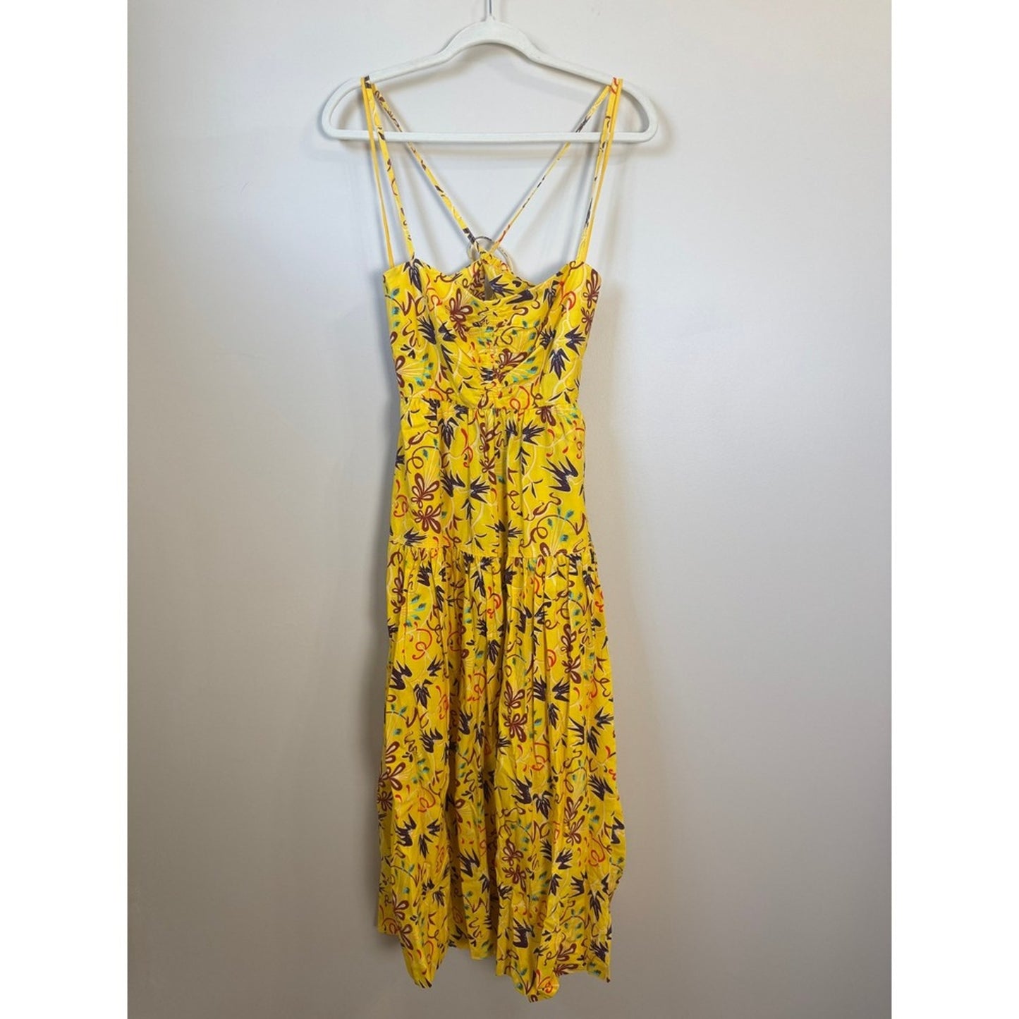 ALC Yellow Floral Ruched Tiered Open Back Midi Dress Womens