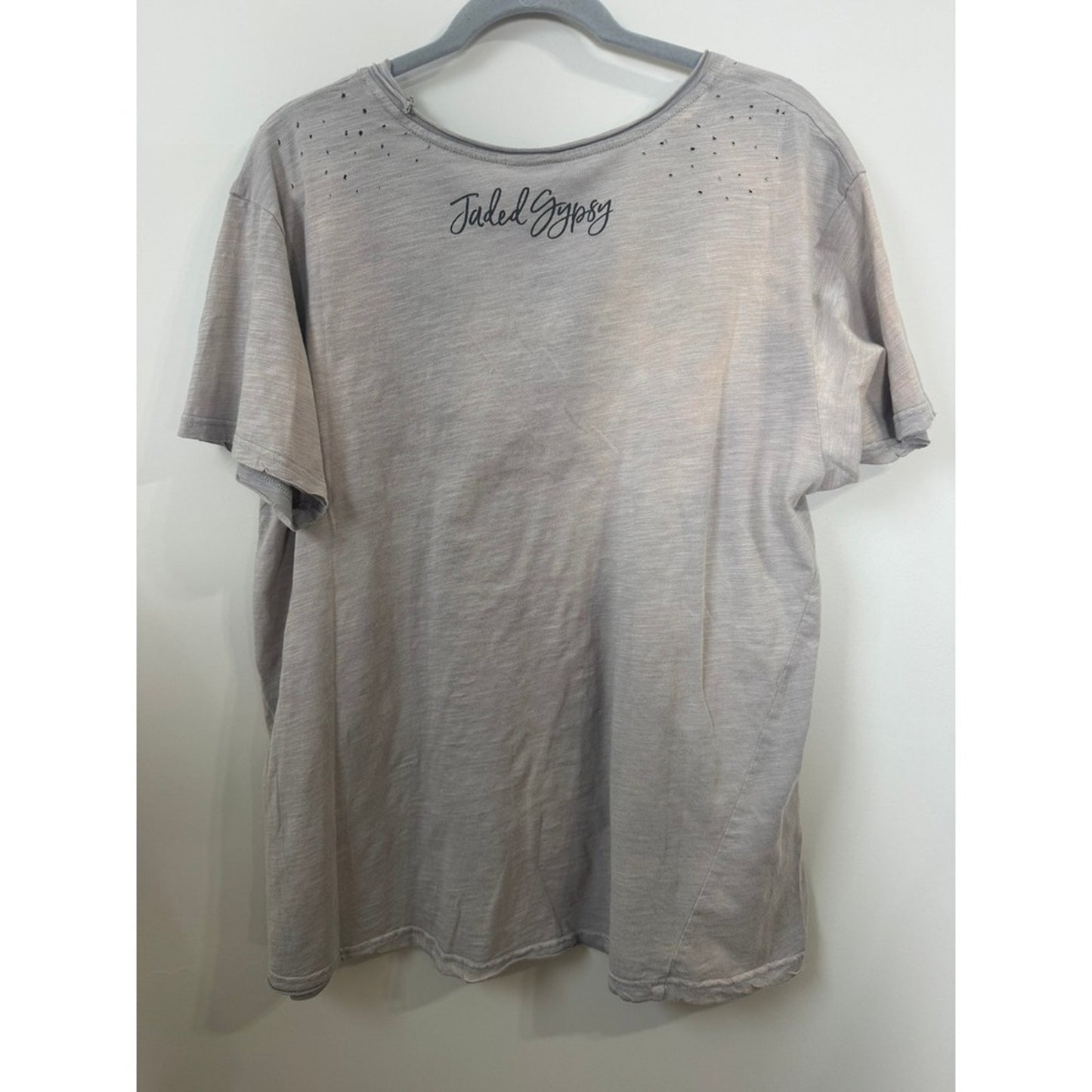 Jaded Gypsy Distressed Graphic Tee Bird Butterfly Boho Grey Short Sleeve T-Shirt