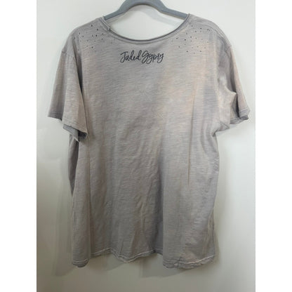 Jaded Gypsy Distressed Graphic Tee Bird Butterfly Boho Grey Short Sleeve T-Shirt