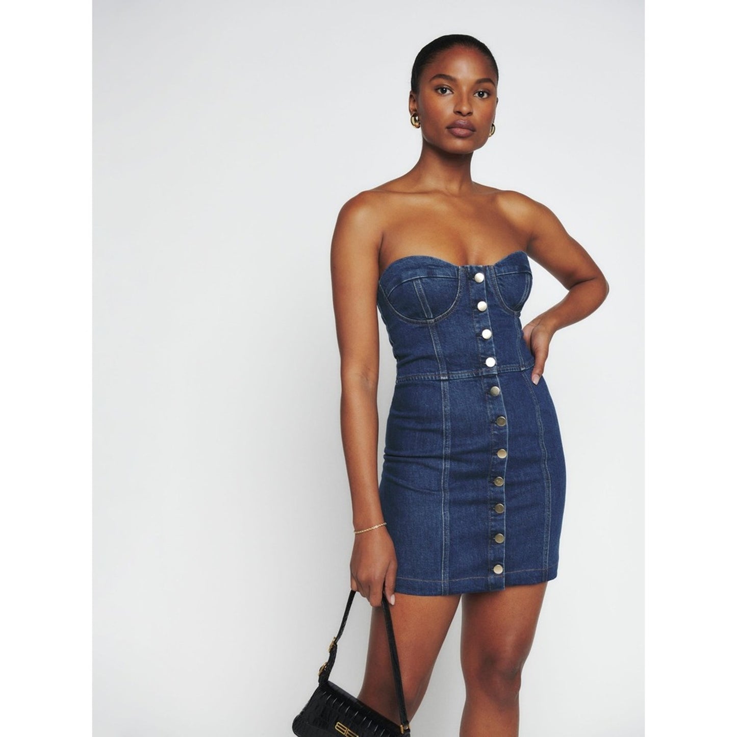 Reformation Strapless Denim Mini Dress Blue Button Front Sweetheart Bustier NEW