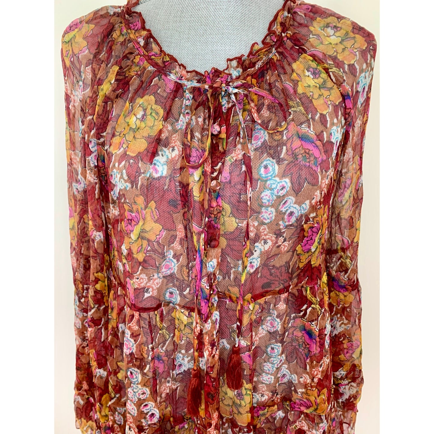 Johnny Was Daisy Mini Dress in Multi Floral Small Long Sleeve Ruffle Sheer Silk