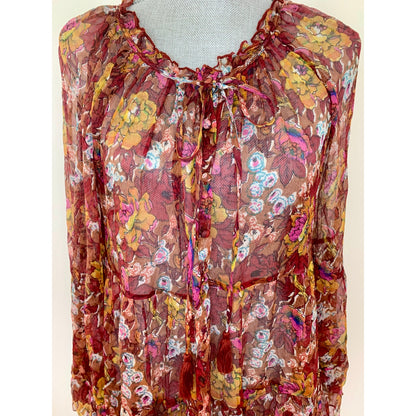 Johnny Was Daisy Mini Dress in Multi Floral Small Long Sleeve Ruffle Sheer Silk