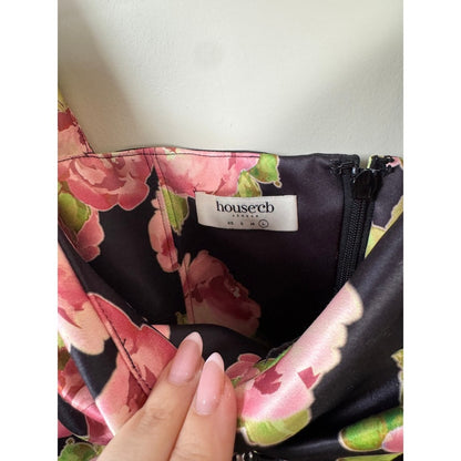 House of CB Black Pink Floral Satin Puff Sleeve Mini Dress Size L Rose Print