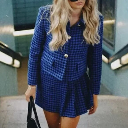 NEW Zara Blogger Fave Royal Blue Tweed Houndstooth Crop Blazer Gold Buttons SIze Small