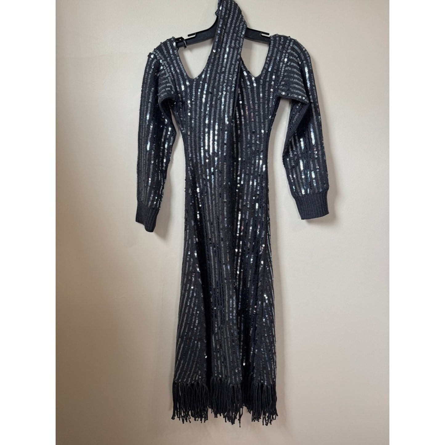 Monse Sequin Cold Shoulder Knit Midi Dress Grey Fringe Halter XS