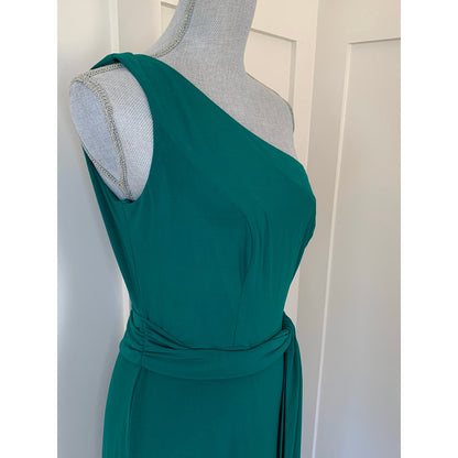 MacDuggal Ieena One Shoulder Jersey Gown in Green Size 8 Maxi Sheath Belted