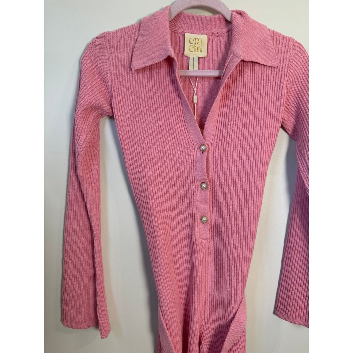 CIN CIN Pink Ribbed Knit Button Front Long Sleeve Belted Romper Size Small
