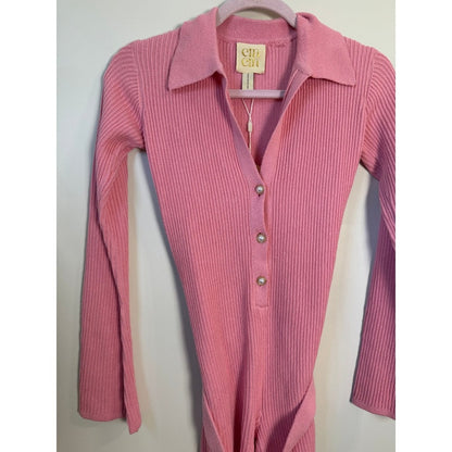 CIN CIN Pink Ribbed Knit Button Front Long Sleeve Belted Romper Size Small