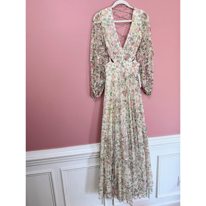 NEW NWT Mac Duggal Floral Sequined Cut Out Lace Up Gown A93746 Size 4