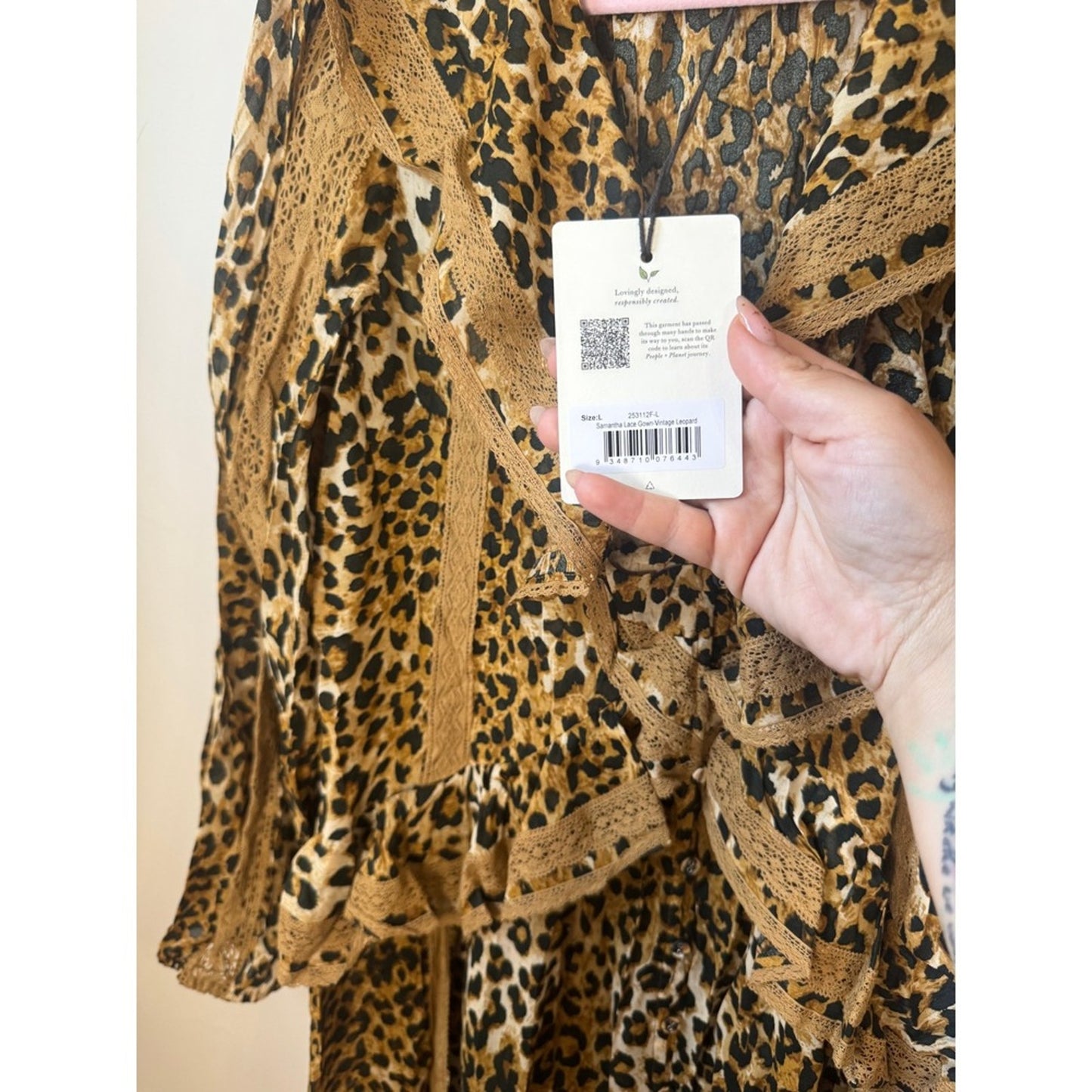 Spell Samantha Lace Gown Vintage Leopard Maxi Dress Ruffle Boho Animal Print L