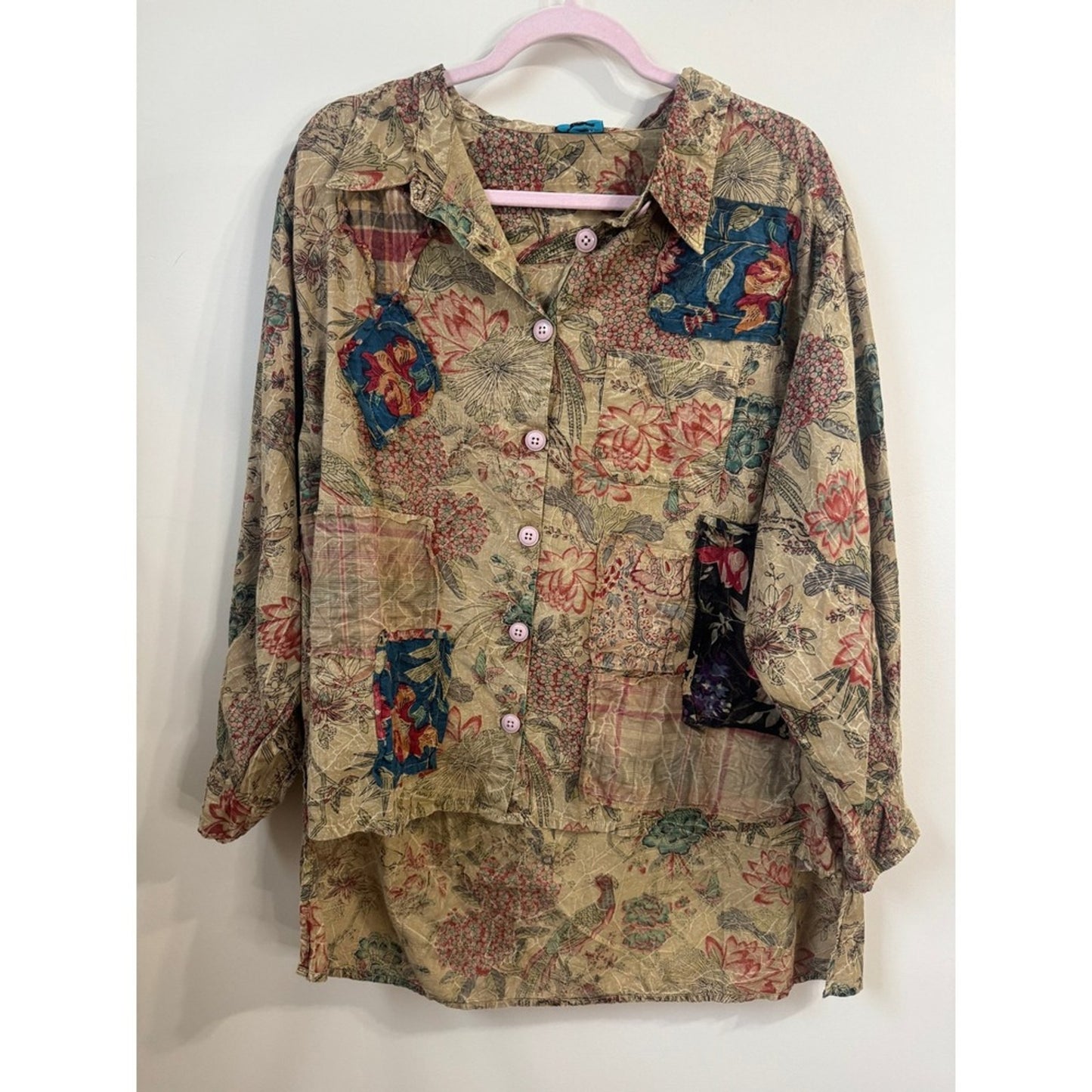 Jaded Gypsy Floral Bird Patchwork Button Down Shirt Boho Oversized Tunic Tan