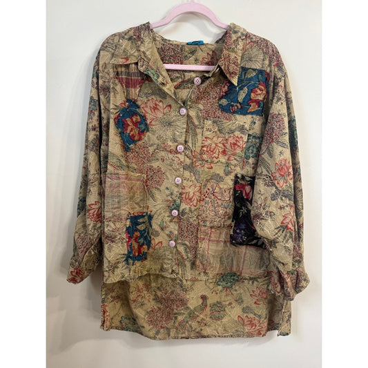 Jaded Gypsy Floral Bird Patchwork Button Down Shirt Boho Oversized Tunic Tan
