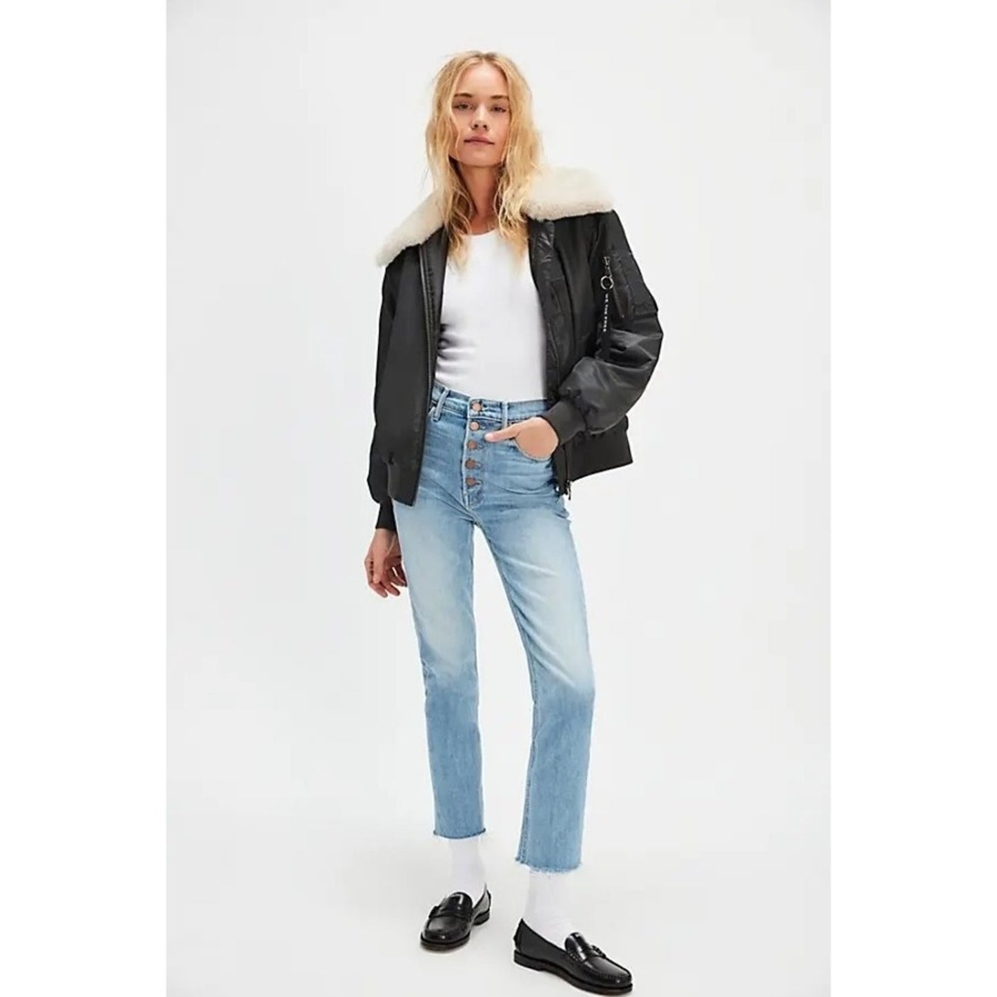 MOTHER Jeans Women's 29 High Waisted Button Fly Frayed Hem Straight Leg Denim