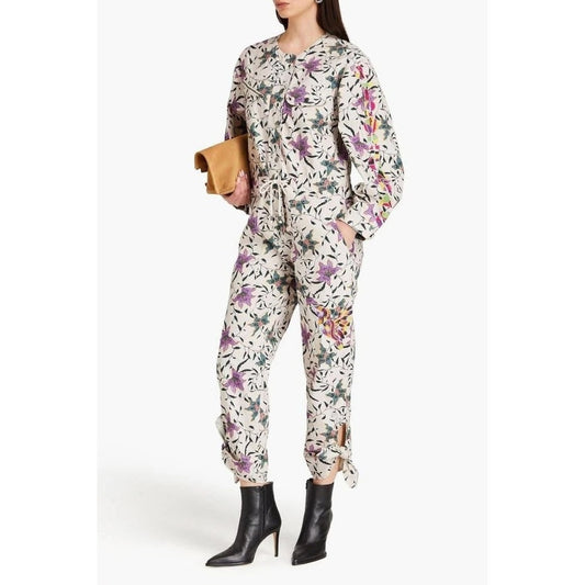 Isabel Marant Etoile Floral Bird Embroidered Utility Jumpsuit Ivory Purple