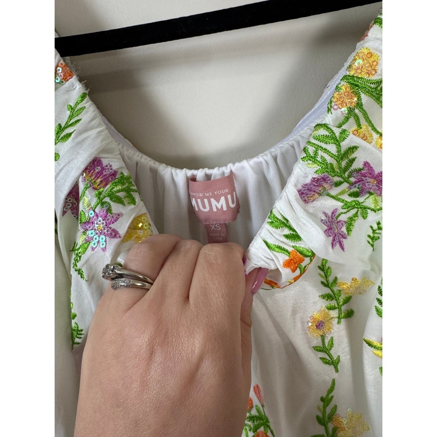 Show Me Your Mumu Wildflower Embroidered Sequin Off Shoulder Mini Dress White XS