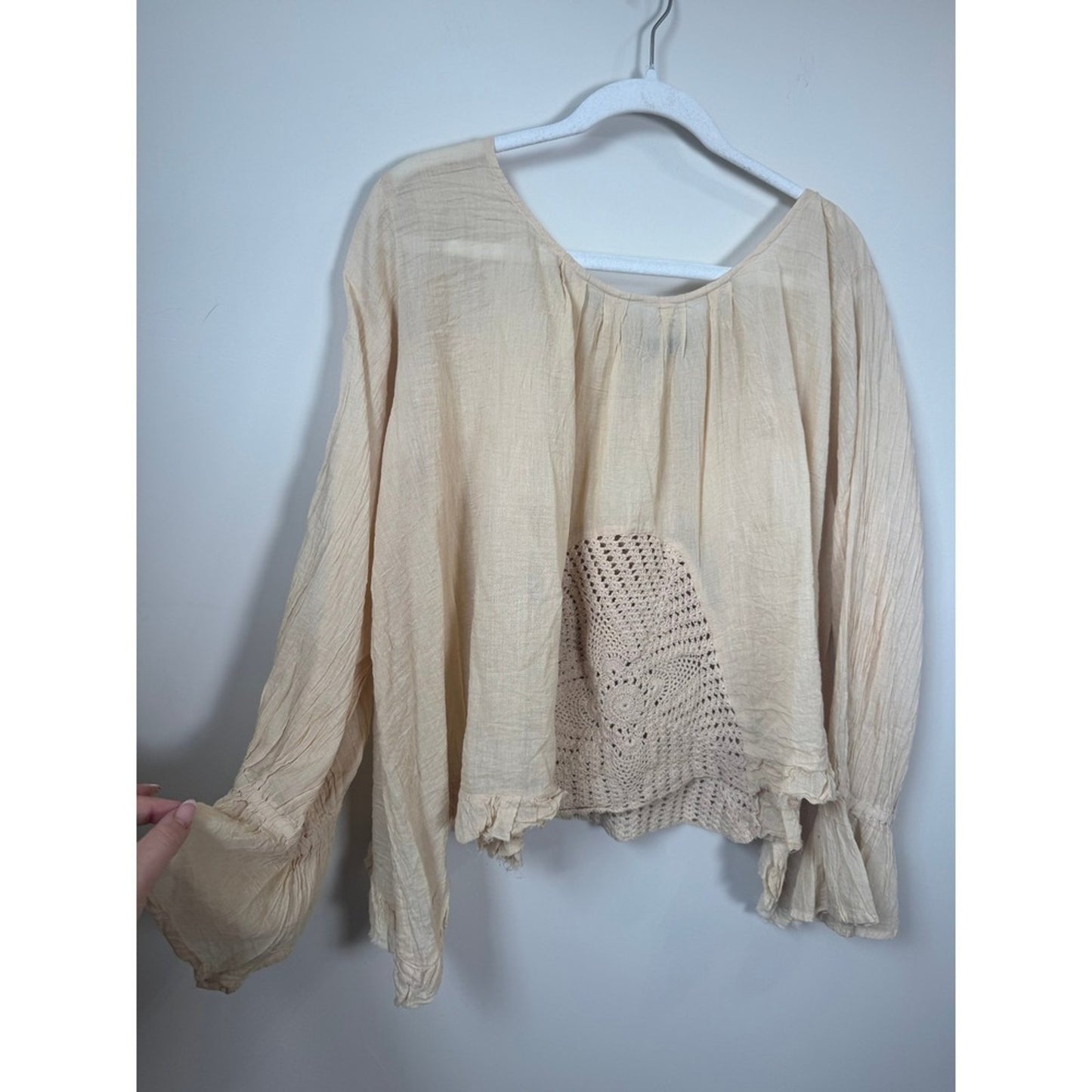 Jade Gypsy Boho Crochet Lace Gauze Peasant Blouse Bell Sleeve Cream Top Womens