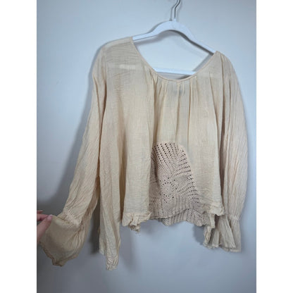 Jade Gypsy Boho Crochet Lace Gauze Peasant Blouse Bell Sleeve Cream Top Womens