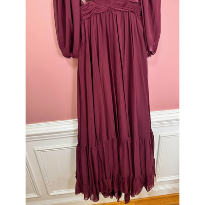 NEW NWT Mac Duggal Pleated Cut Out Long Sleeve Lace Up Tiered Gown STYLE 67948 Size 16 Plum