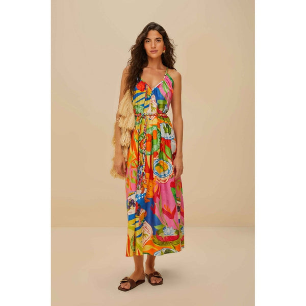 FARM Rio Maxi Dress Tropical Print Spaghetti Strap Belted Flowy Women Size M