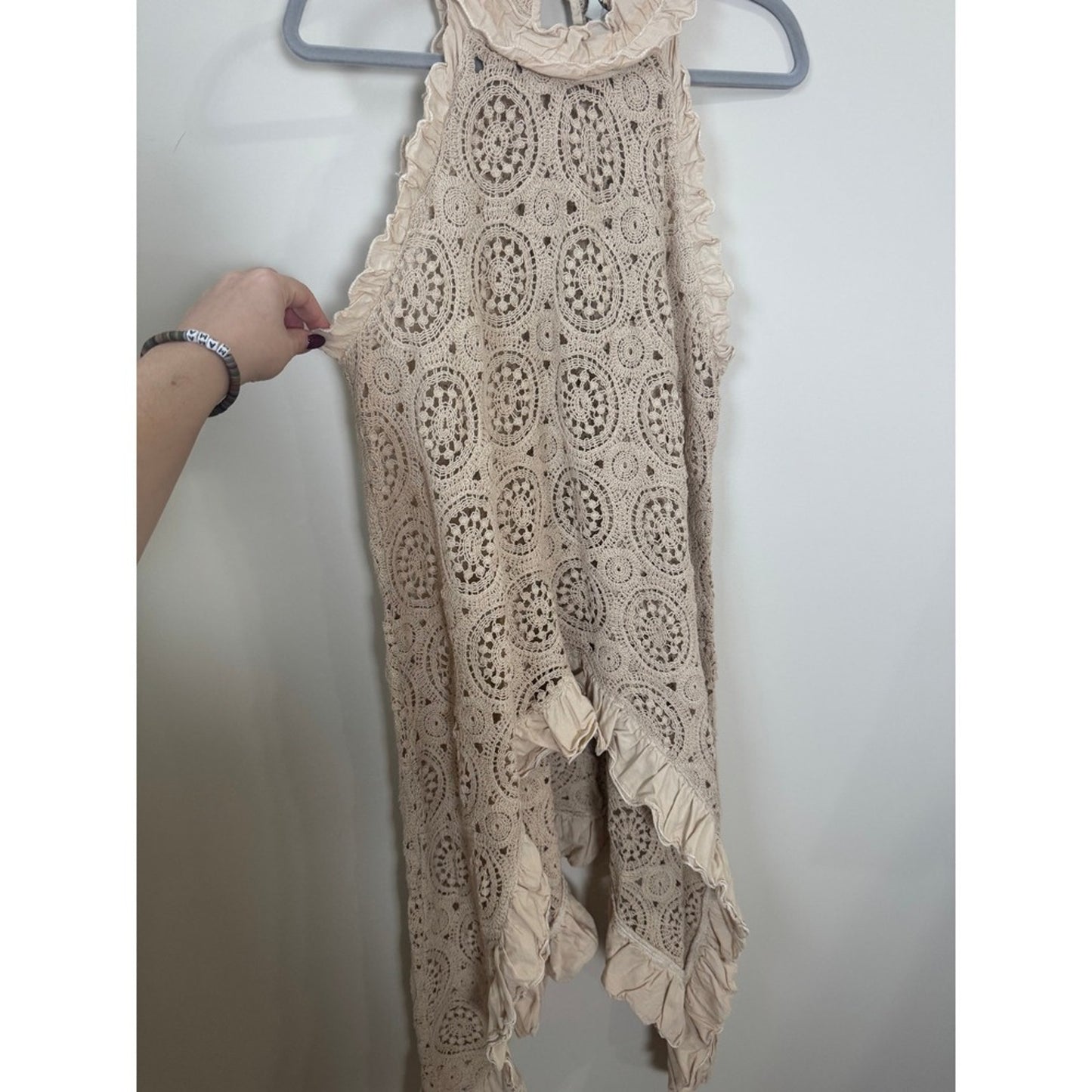Jaded Gypsy Crochet Lace Ruffle High Neck Tunic Top Beige Sleeveless Lagenlook