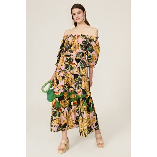 Farm Rio The Pink Toucananas Maxi Dress Size XS Graphic Print 3/4 Sleeve Cotton