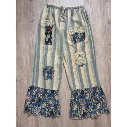 Jaded Gypsy Striped Patchwork Lace Ruffle Wide Leg Pants Blue Cream Boho