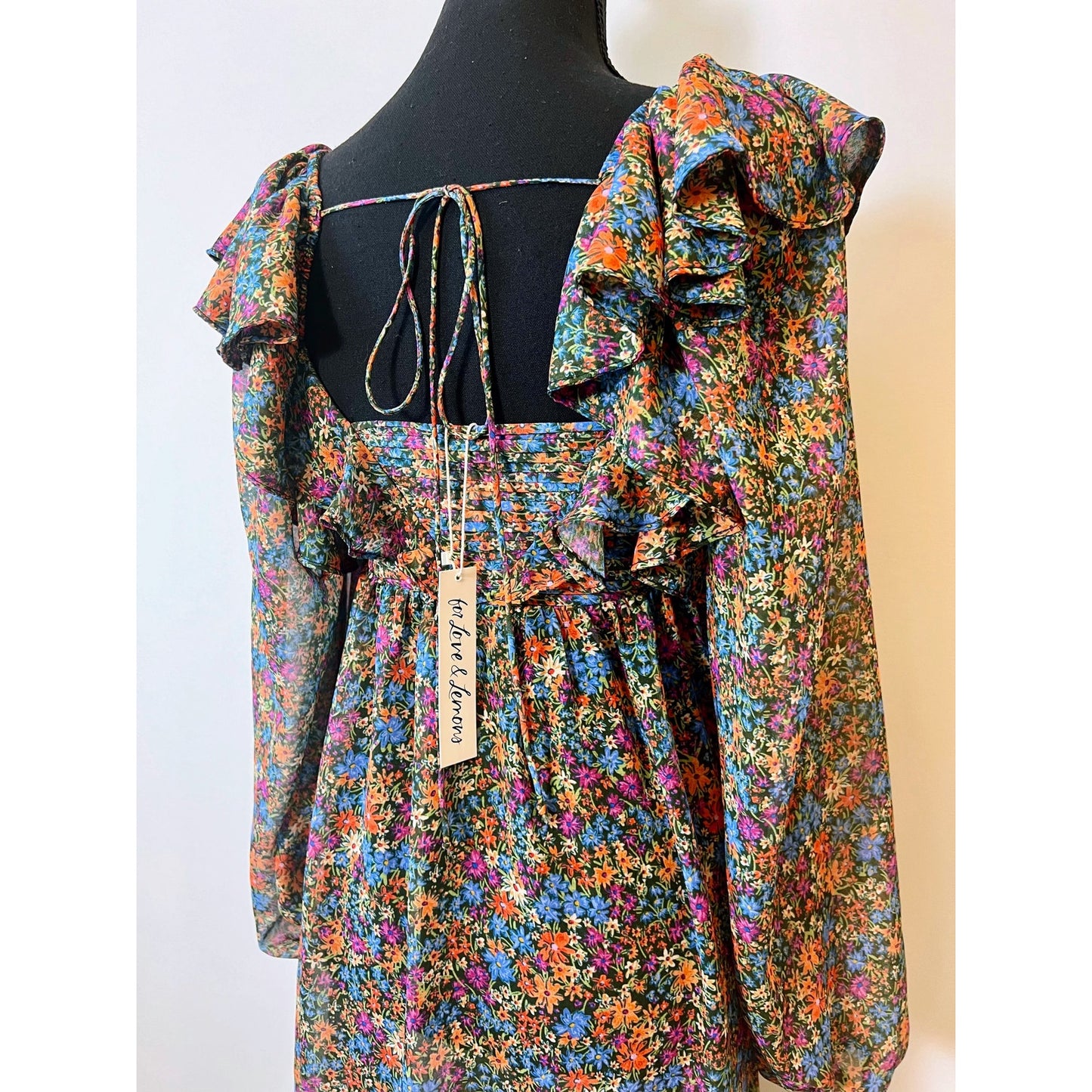 For Love & Lemons Brittany Midi Dress in Blue Small Ditsy Floral Long Sleeve
