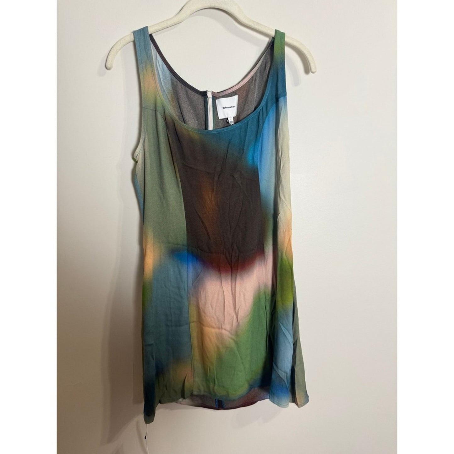 Reformation Noha Mini Dress Blur Abstract Print Square Neck Side Slit Size 8 NEW