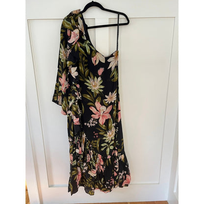FARM Rio One Shoulder Maxi Dress Black Floral Print Ruffle Sleeve Size L