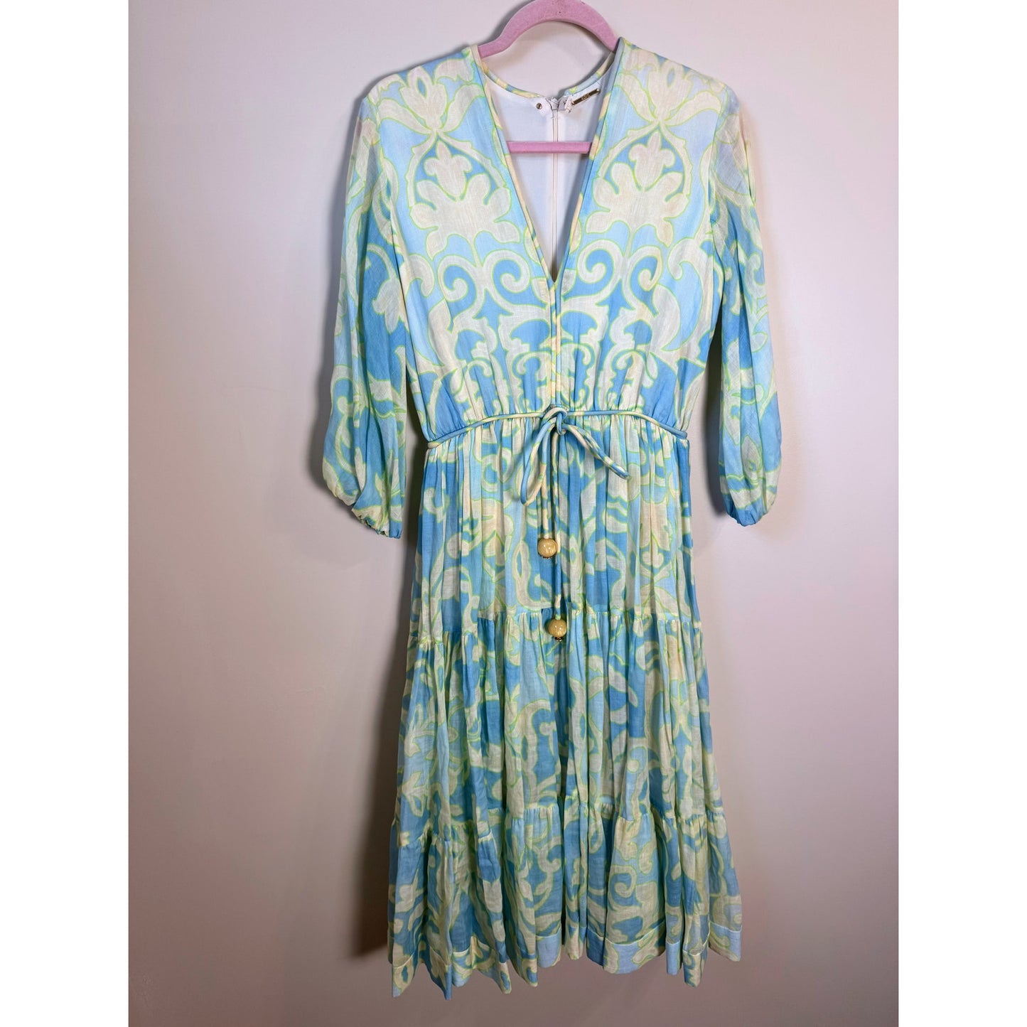 NEW Alexis Vilas Blue and Green Long Sleeve Printed Maxi Dress Size Small