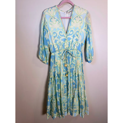 NEW Alexis Vilas Blue and Green Long Sleeve Printed Maxi Dress Size Small