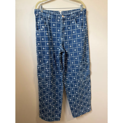 Damson Madder Blue Embroidered Floral Grid Cargo Jeans Wide Leg NWT