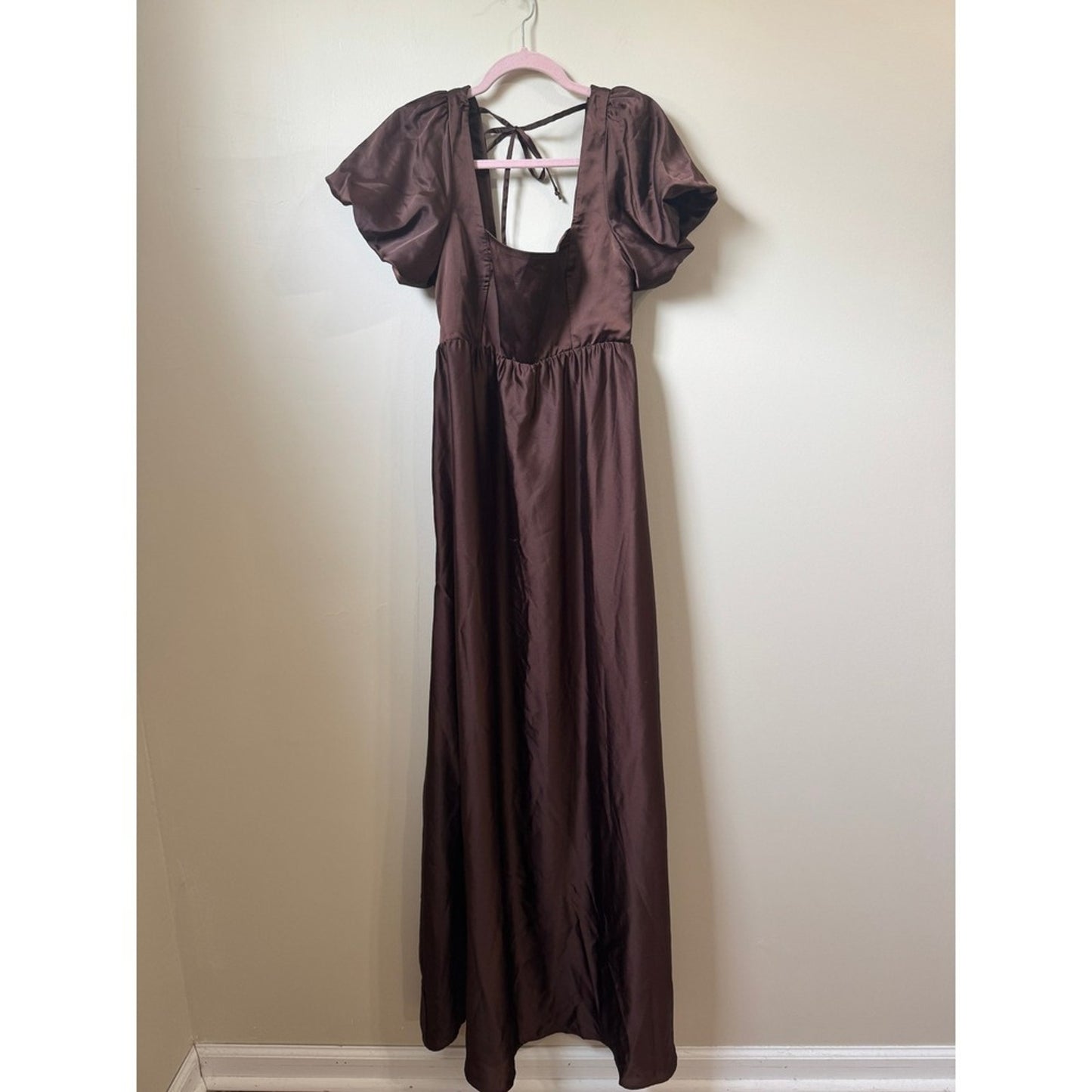 Show Me Your Mumu Brown Satin Puff Sleeve Maxi Dress Smocked Back Size Large