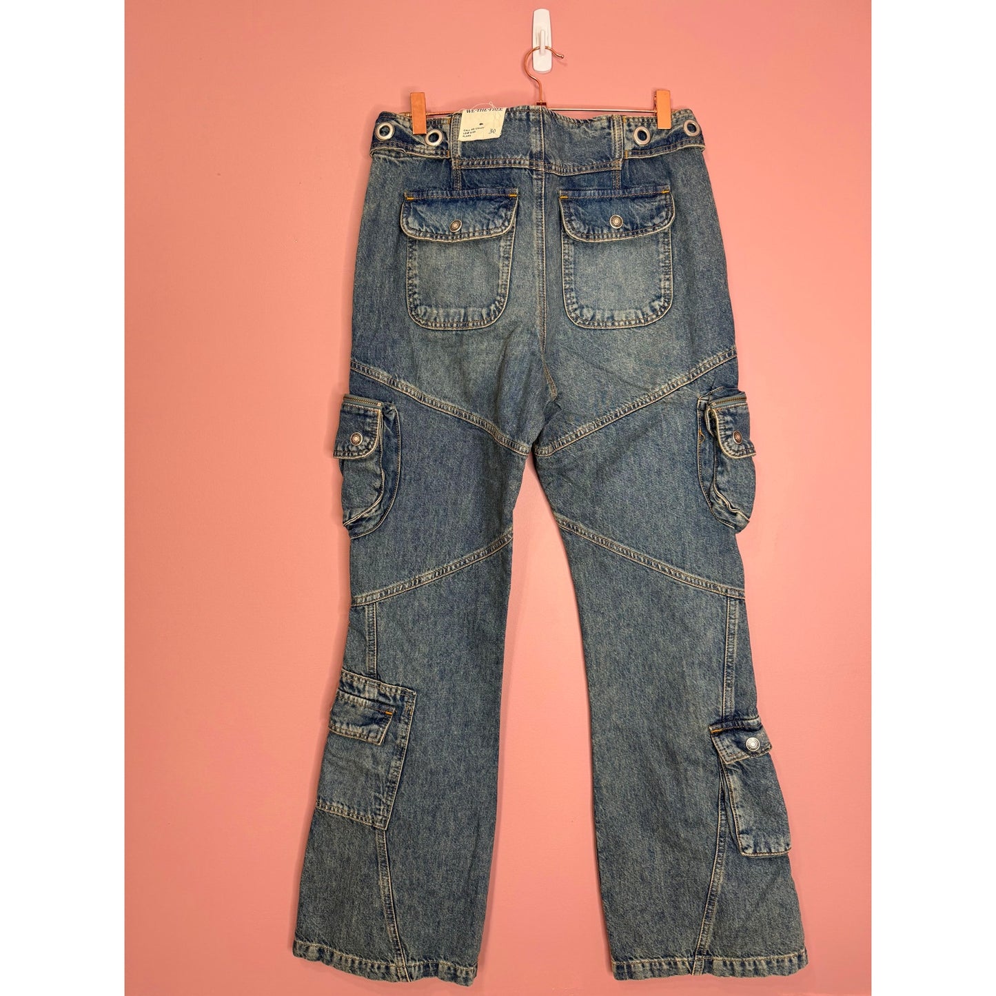 Free People Call Me Crazy Low Rise Flare Cargo Jeans Blue Size 30 Denim Pockets