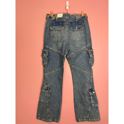 Free People Call Me Crazy Low Rise Flare Cargo Jeans Blue Size 30 Denim Pockets