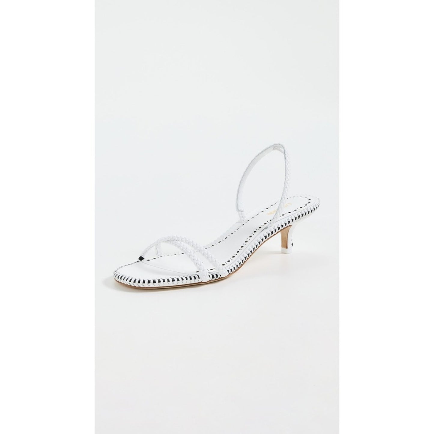 Larroude White Leather Braided Slingback Kitten Heel Sandals Whipstitch Trim