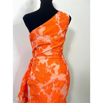Showpo Brailey Mini Dress Orange Jacquard Size 4 Floral One Shoulder Wrap‎ Front