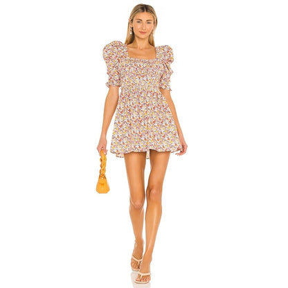 For Love & Lemons Libby Mini Dress in Orange Floral Small Short Sleeve Lined