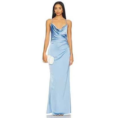 Katie May Los Angeles Blue Satin Cowl Neck Maxi Gown Dress NWT Defect