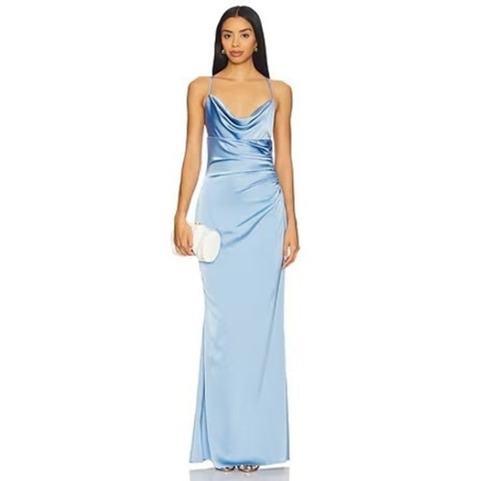 Katie May Los Angeles Blue Satin Cowl Neck Maxi Gown Dress NWT Defect